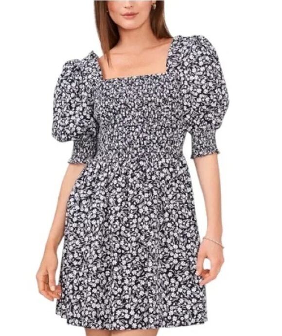 1. State Dresses & Skirts - 1.State Floral Print Puff Sleeve Smocked Mini Dress Square Neck Fit and Flare
